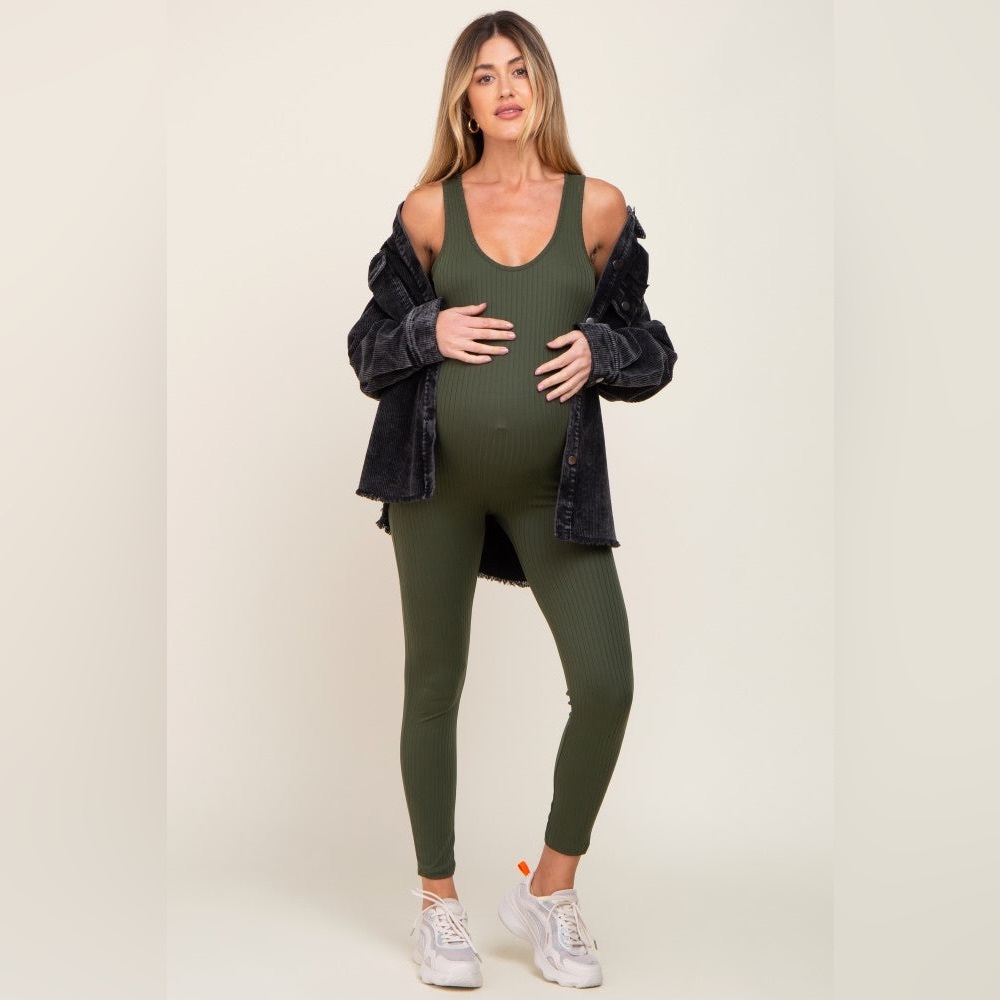 Olive Ribbed Bodycon Maternity Jumpsuit